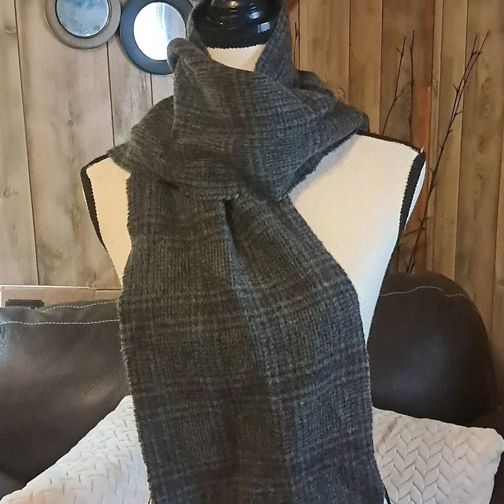 Polo Ralph Lauren Lambswool Reversible Plaid Fringe Scarf Black Gray Purple